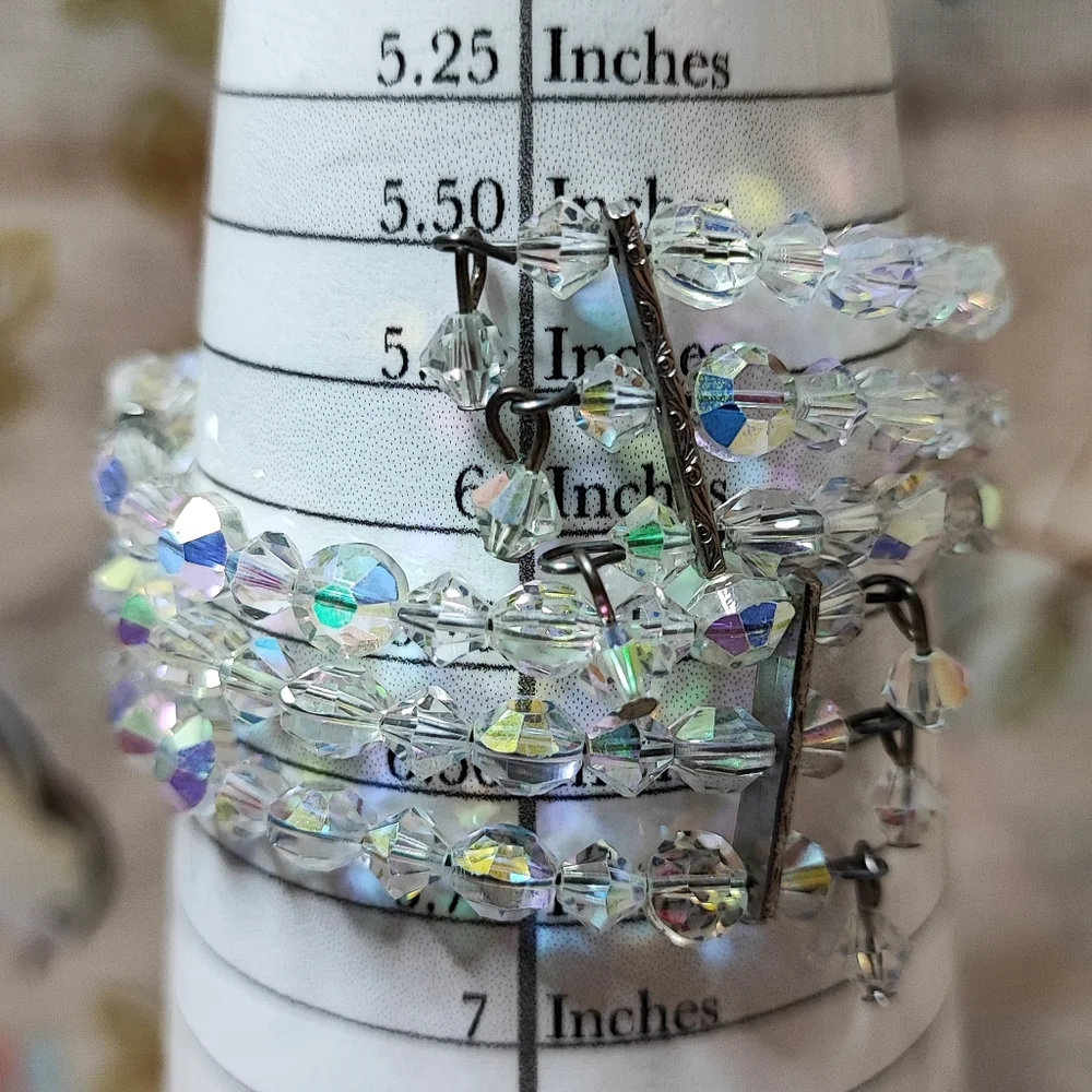 Triple Strand Vintage Memory Wire Crystal Clear Aurora Borealis Bracelet Small